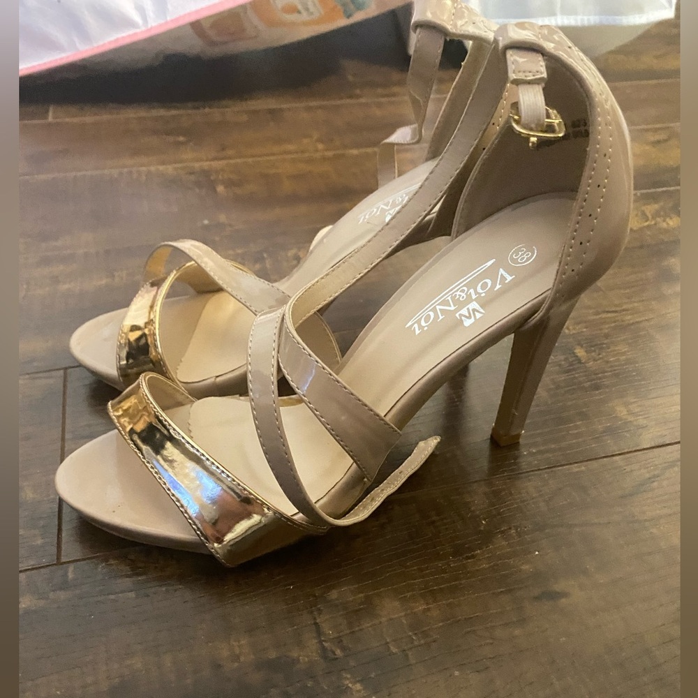 Nude and Gold Strappy Heels